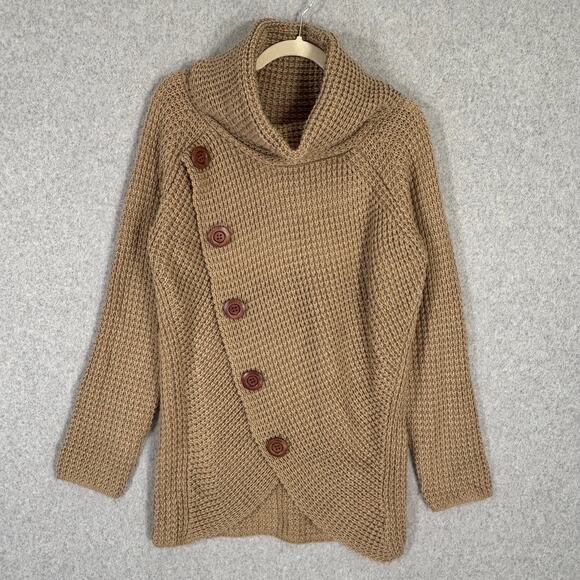 Grecerelle Sweater Womens Medium Tan Wrap Poncho Cowl Buttons Waffle Tunic Comfy - Picture 1 of 9